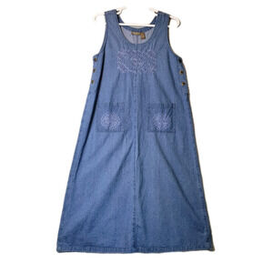VTG Jane Ashley 100% Cotton Blue Denim Embroidered Midi Jumper Dress Women's XL